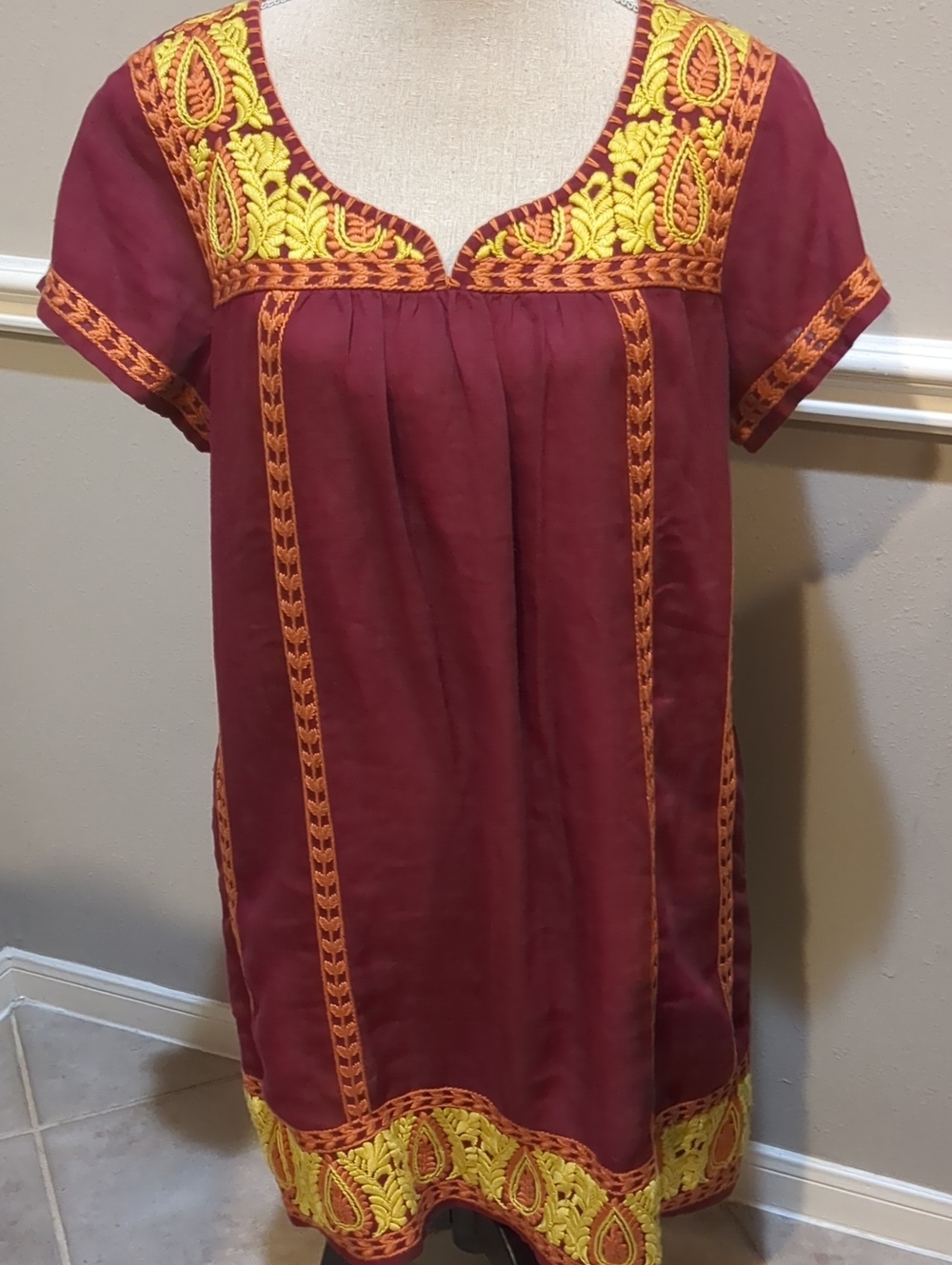 Uncle Frank Nwt Embroidered Short Sleeve Dress in Burgundy and Yellow